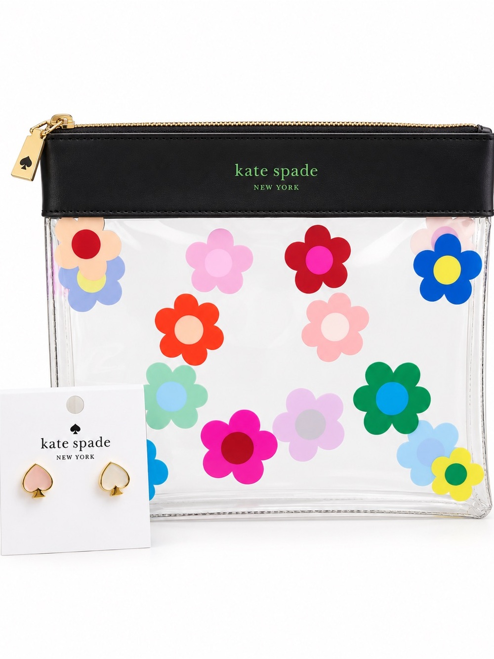 Kate Spade Gingham Garden Floral Clear Pouch + Signature Spade Earrings Bundle
